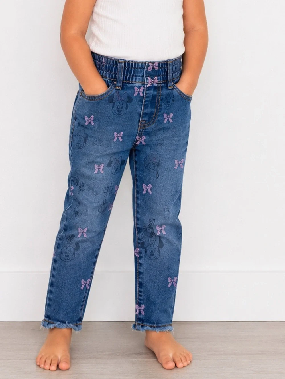 Disney Girls Blue Denim Jeans with Pink Bow & Minnie Print